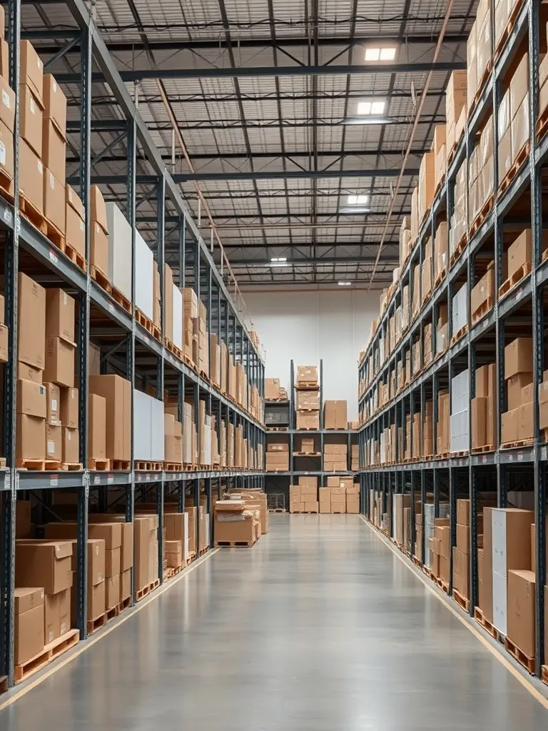 A minimalist organized furniture warehouse aisle with shelve