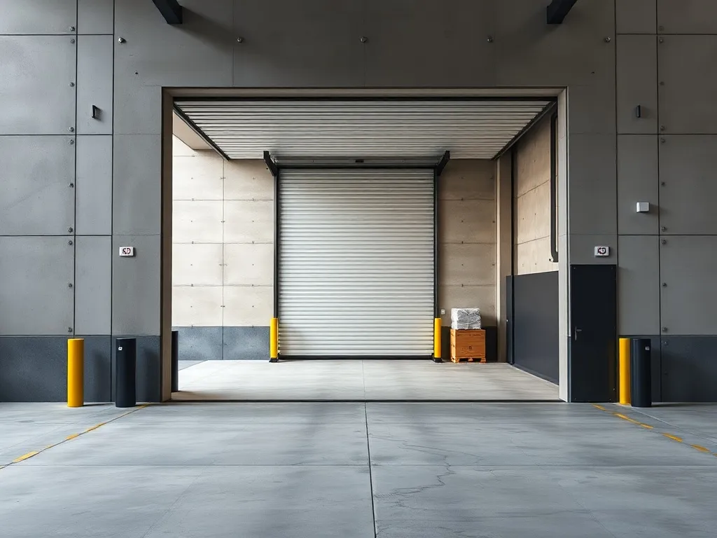Modern industrial loading dock with roll-up doors, concrete