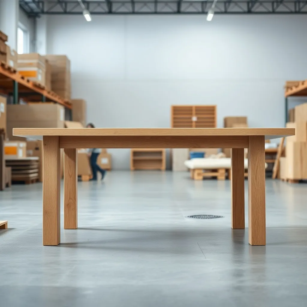 A minimalist bright photo of a wooden table being inspected