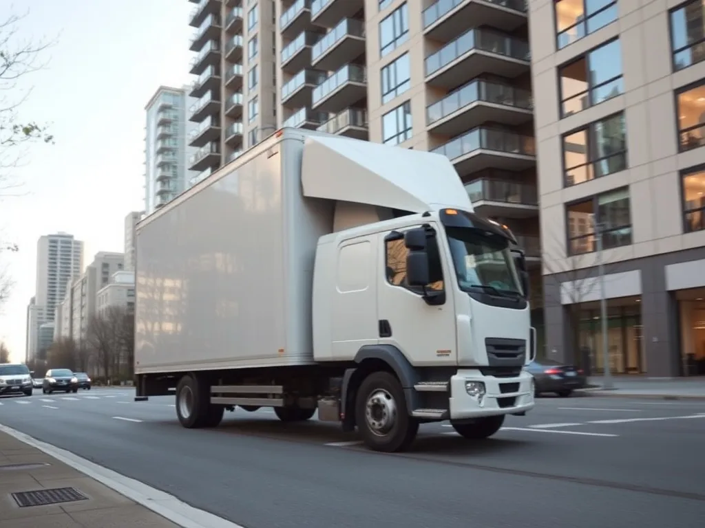 A white delivery truck driving through a clean Vancouver str