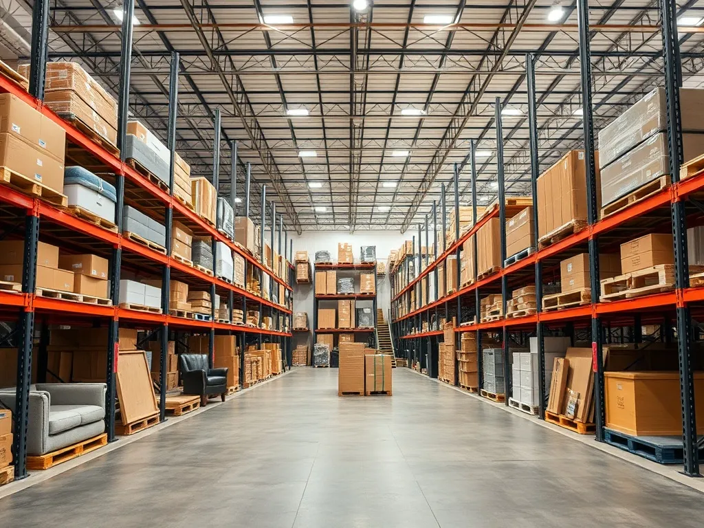Industrial warehouse racking with organized furniture boxes